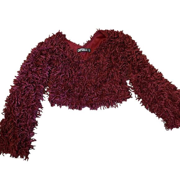 Capsulle Top Burgundy Glitter Fringe Everywhere Long Bell Sleeve Cropped SZ S - Picture 2 of 8